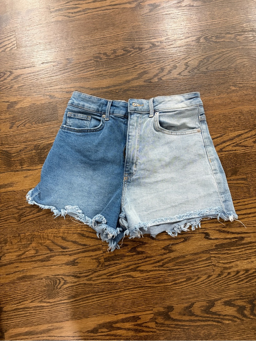 Divided Two-Tone Blue Denim High-Rise Frayed Shorts